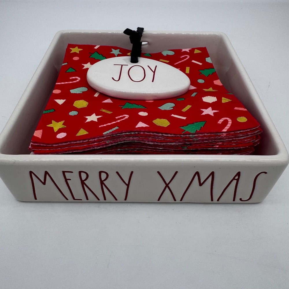 Rae Dunn Merry Xmas Dish JOY Tag Christmas Holiday Decor Napkin Holder Set